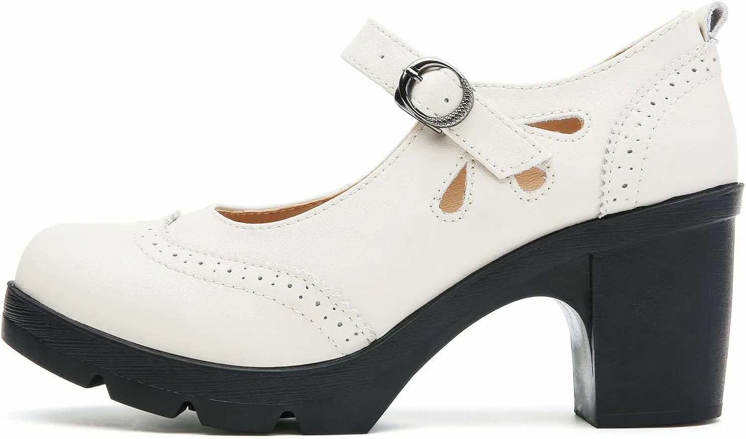 DADAWEN Women's Leather Classic Mary Jane Ankle Strap Round Toe Mid Heel Platform Pumps Oxfords Dress Shoes