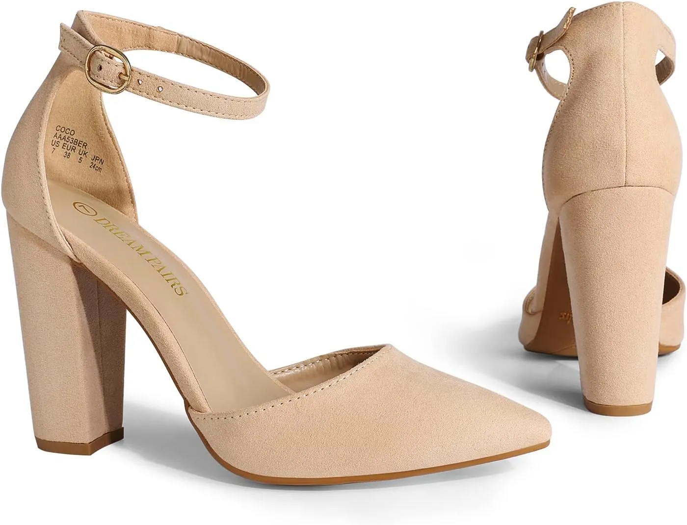 DREAM PAIRS Women's Coco High Heels Chunky Block Pumps Pointed Closed Toe Ankle Strap Dress Shoes