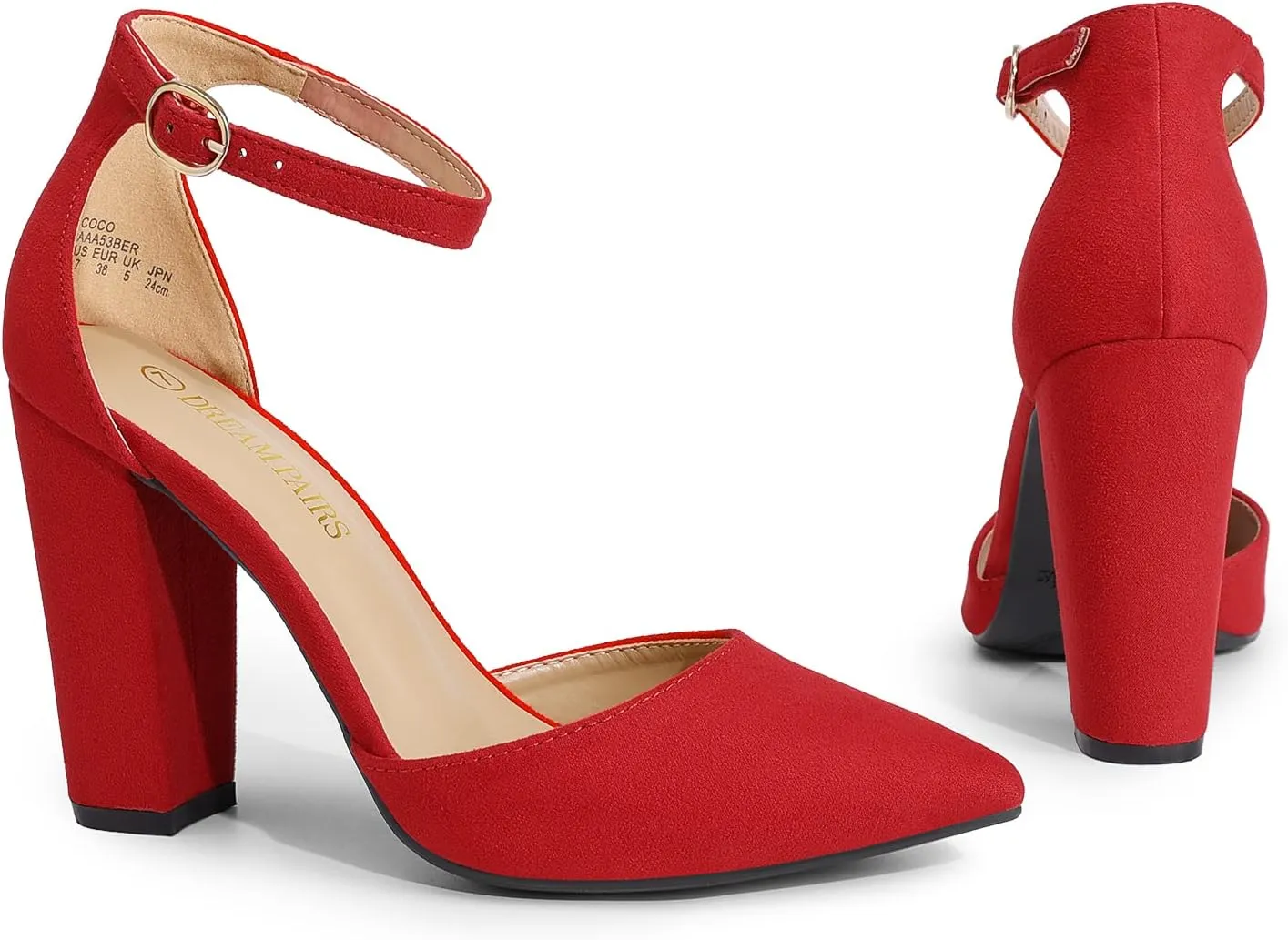 DREAM PAIRS Women's Coco High Heels Chunky Block Pumps Pointed Closed Toe Ankle Strap Dress Shoes