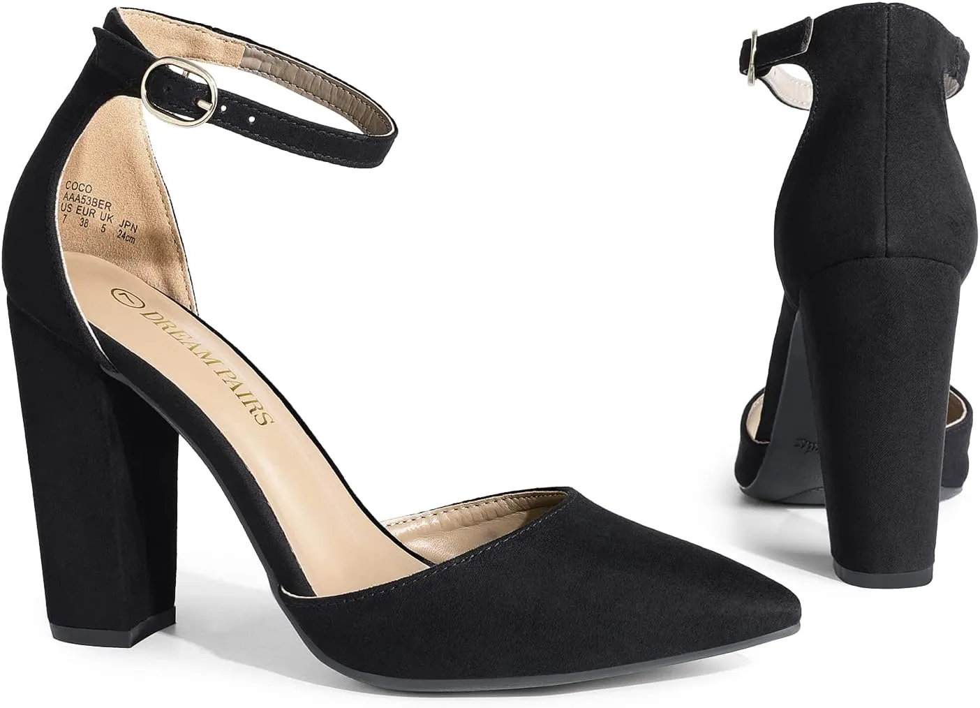 DREAM PAIRS Women's Coco High Heels Chunky Block Pumps Pointed Closed Toe Ankle Strap Dress Shoes