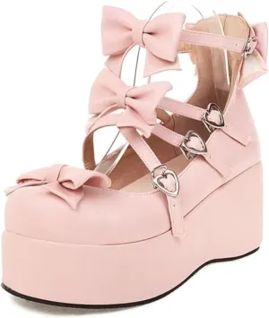 Elbslutt Womens Goth Mary Jane Shoes Platform Kawaii Cosplay Girls Lolita Shoes Round Toe Buckle Cross-Tied Strap Chunky Wedge Heel Bow Y2k Ankle Strap Dress Pumps Shoes Oxfords, Size 9, Pink