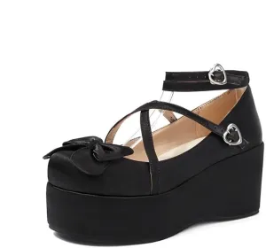 Elbslutt Womens Goth Mary Jane Shoes Platform Kawaii Cosplay Girls Lolita Shoes Round Toe Buckle Strap Chunky Wedge Heel Bow Lace Satin Bow Y2k Ankle Strap Dress Pumps Shoes Oxfords