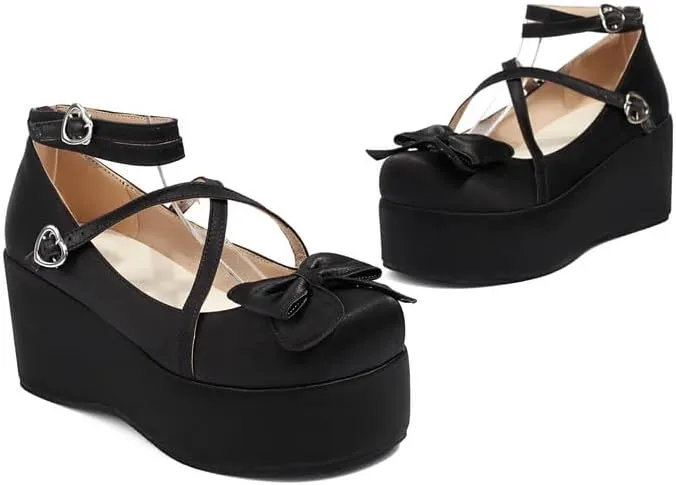 Elbslutt Womens Goth Mary Jane Shoes Platform Kawaii Cosplay Girls Lolita Shoes Round Toe Buckle Strap Chunky Wedge Heel Bow Lace Satin Bow Y2k Ankle Strap Dress Pumps Shoes Oxfords