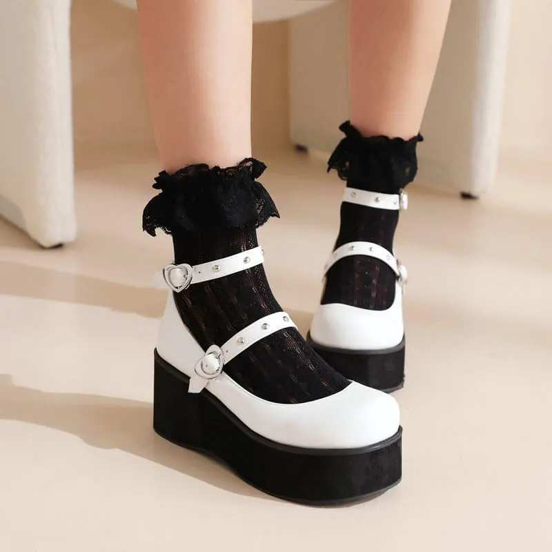 Elbslutt Womens Goth Mary Jane Shoes Platform Kawaii Cosplay Girls Lolita Shoes Round Toe Buckle Strap Chunky Wedge Heel Bow Rivet Y2k Ankle Strap Dress Pumps Shoes Oxfords