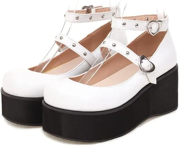 Elbslutt Womens Goth Mary Jane Shoes Platform Kawaii Cosplay Girls Lolita Shoes Round Toe Buckle Strap Chunky Wedge Heel Bow Rivet Y2k Ankle Strap Dress Pumps Shoes Oxfords