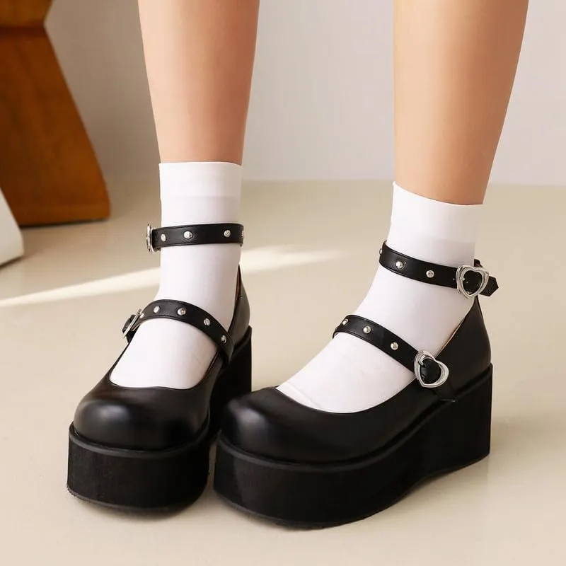 Elbslutt Womens Goth Mary Jane Shoes Platform Kawaii Cosplay Girls Lolita Shoes Round Toe Buckle Strap Chunky Wedge Heel Bow Rivet Y2k Ankle Strap Dress Pumps Shoes Oxfords