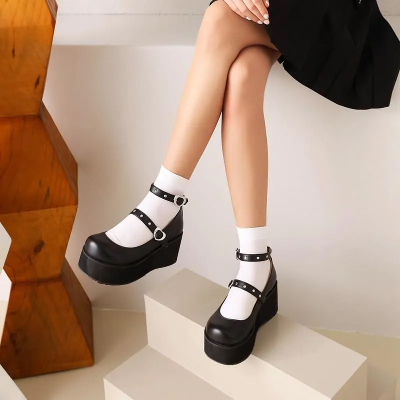 Elbslutt Womens Goth Mary Jane Shoes Platform Kawaii Cosplay Girls Lolita Shoes Round Toe Buckle Strap Chunky Wedge Heel Bow Rivet Y2k Ankle Strap Dress Pumps Shoes Oxfords