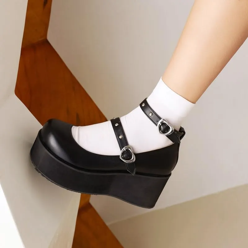 Elbslutt Womens Goth Mary Jane Shoes Platform Kawaii Cosplay Girls Lolita Shoes Round Toe Buckle Strap Chunky Wedge Heel Bow Rivet Y2k Ankle Strap Dress Pumps Shoes Oxfords