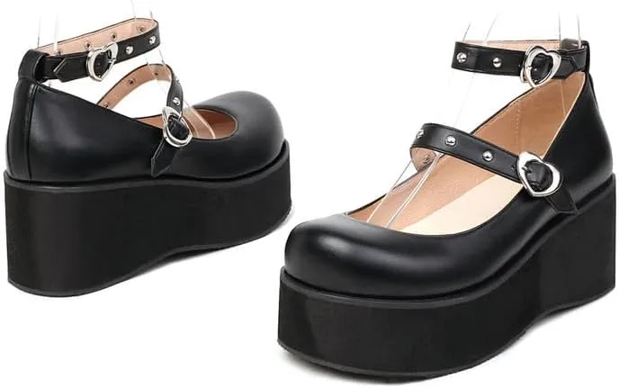 Elbslutt Womens Goth Mary Jane Shoes Platform Kawaii Cosplay Girls Lolita Shoes Round Toe Buckle Strap Chunky Wedge Heel Bow Rivet Y2k Ankle Strap Dress Pumps Shoes Oxfords