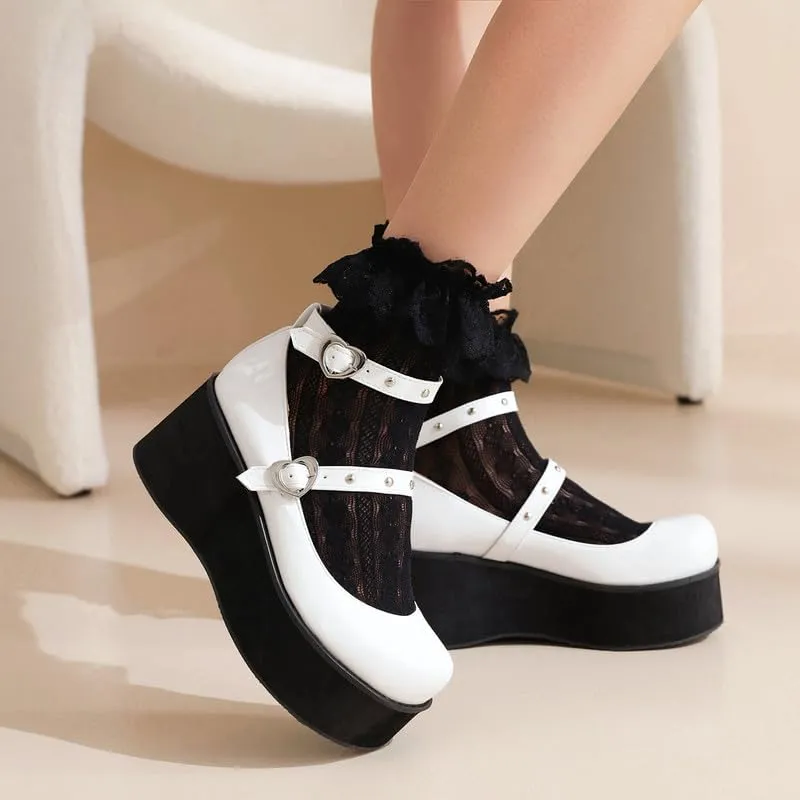 Elbslutt Womens Goth Mary Jane Shoes Platform Kawaii Cosplay Girls Lolita Shoes Round Toe Buckle Strap Chunky Wedge Heel Bow Rivet Y2k Ankle Strap Dress Pumps Shoes Oxfords