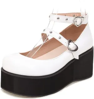 Elbslutt Womens Goth Mary Jane Shoes Platform Kawaii Cosplay Girls Lolita Shoes Round Toe Buckle Strap Chunky Wedge Heel Bow Rivet Y2k Ankle Strap Dress Pumps Shoes Oxfords