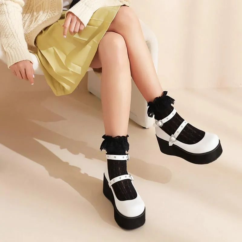 Elbslutt Womens Goth Mary Jane Shoes Platform Kawaii Cosplay Girls Lolita Shoes Round Toe Buckle Strap Chunky Wedge Heel Bow Rivet Y2k Ankle Strap Dress Pumps Shoes Oxfords