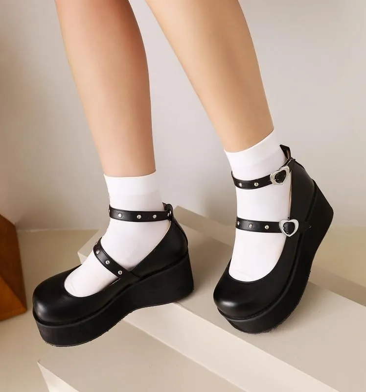 Elbslutt Womens Goth Mary Jane Shoes Platform Kawaii Cosplay Girls Lolita Shoes Round Toe Buckle Strap Chunky Wedge Heel Bow Rivet Y2k Ankle Strap Dress Pumps Shoes Oxfords