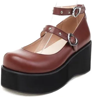 Elbslutt Womens Goth Mary Jane Shoes Platform Kawaii Cosplay Girls Lolita Shoes Round Toe Buckle Strap Chunky Wedge Heel Bow Rivet Y2k Ankle Strap Dress Pumps Shoes Oxfords