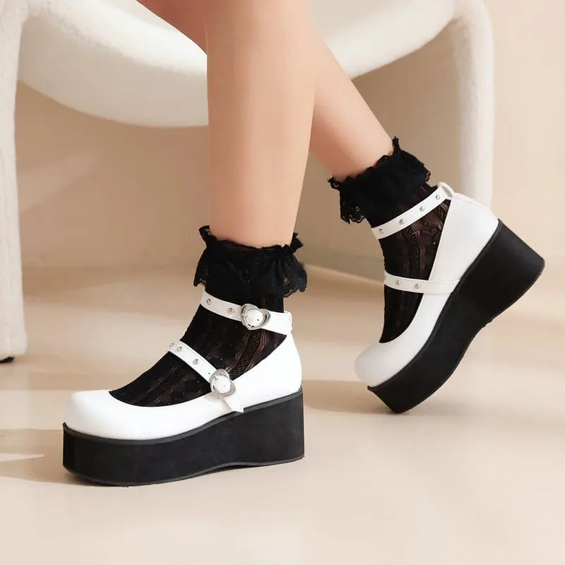 Elbslutt Womens Goth Mary Jane Shoes Platform Kawaii Cosplay Girls Lolita Shoes Round Toe Buckle Strap Chunky Wedge Heel Bow Rivet Y2k Ankle Strap Dress Pumps Shoes Oxfords