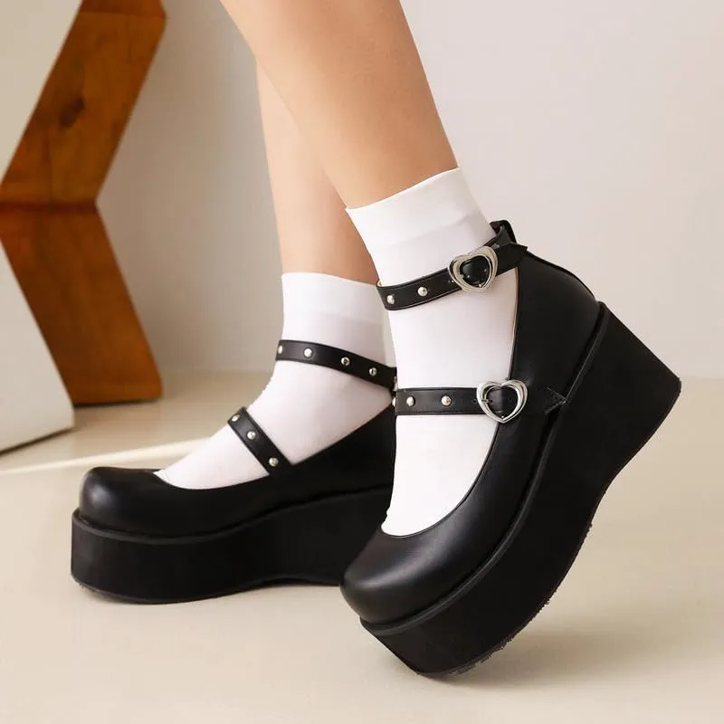 Elbslutt Womens Goth Mary Jane Shoes Platform Kawaii Cosplay Girls Lolita Shoes Round Toe Buckle Strap Chunky Wedge Heel Bow Rivet Y2k Ankle Strap Dress Pumps Shoes Oxfords