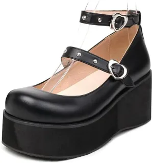 Elbslutt Womens Goth Mary Jane Shoes Platform Kawaii Cosplay Girls Lolita Shoes Round Toe Buckle Strap Chunky Wedge Heel Bow Rivet Y2k Ankle Strap Dress Pumps Shoes Oxfords
