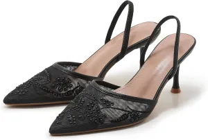 Embroidered Mesh Slingback Heels for Women White Pearl Kitten Heel Pumps Pointed Toe Backless Wedding Shoes