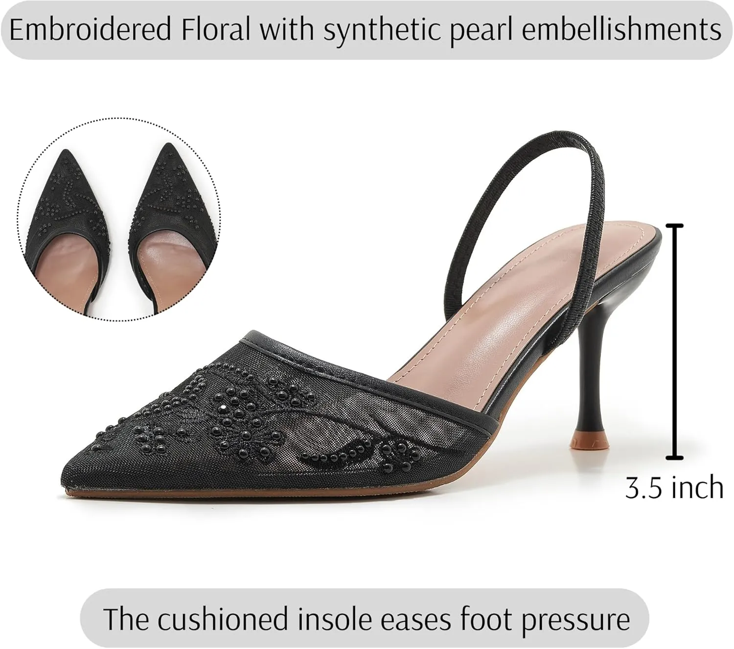 Embroidered Mesh Slingback Heels for Women White Pearl Kitten Heel Pumps Pointed Toe Backless Wedding Shoes