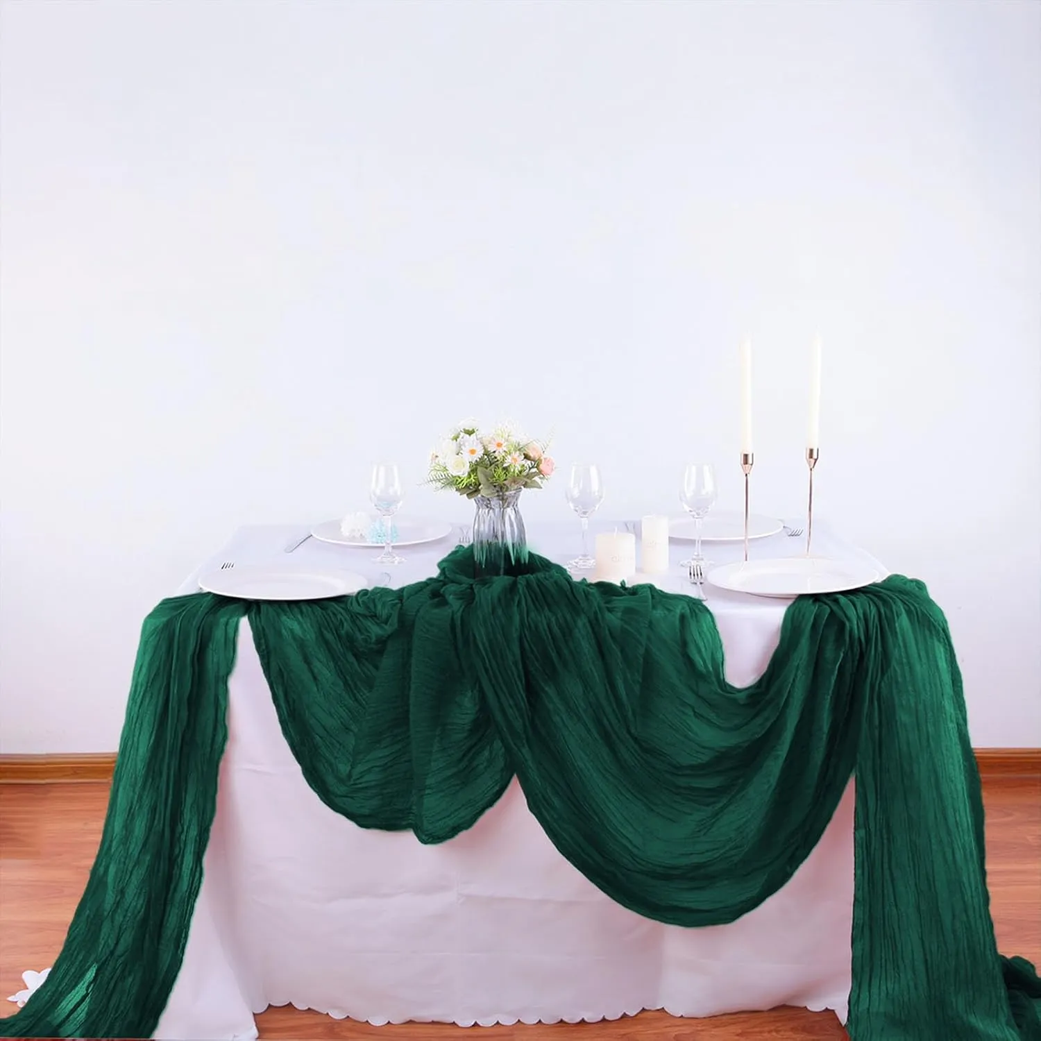 Emerald Green Cheesecloth Table Runner - 10FT x 35Inch Boho Gauze - 16PCS - Rustic Sheer Table Decor for Wedding, Party, Baby, Bridal Shower
