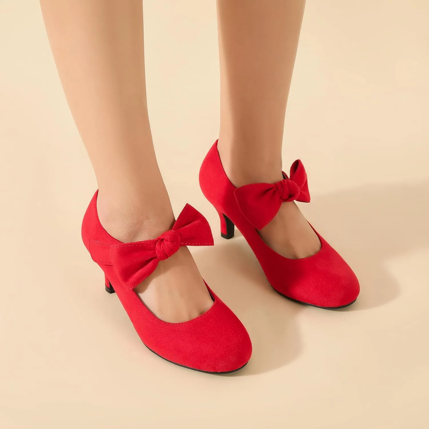 Enelauge Women's Bow Mary Jane Pumps Low Kitten Heels Round Toe Ankle Strap Wedding Office Work Dress Evening Party Shoes