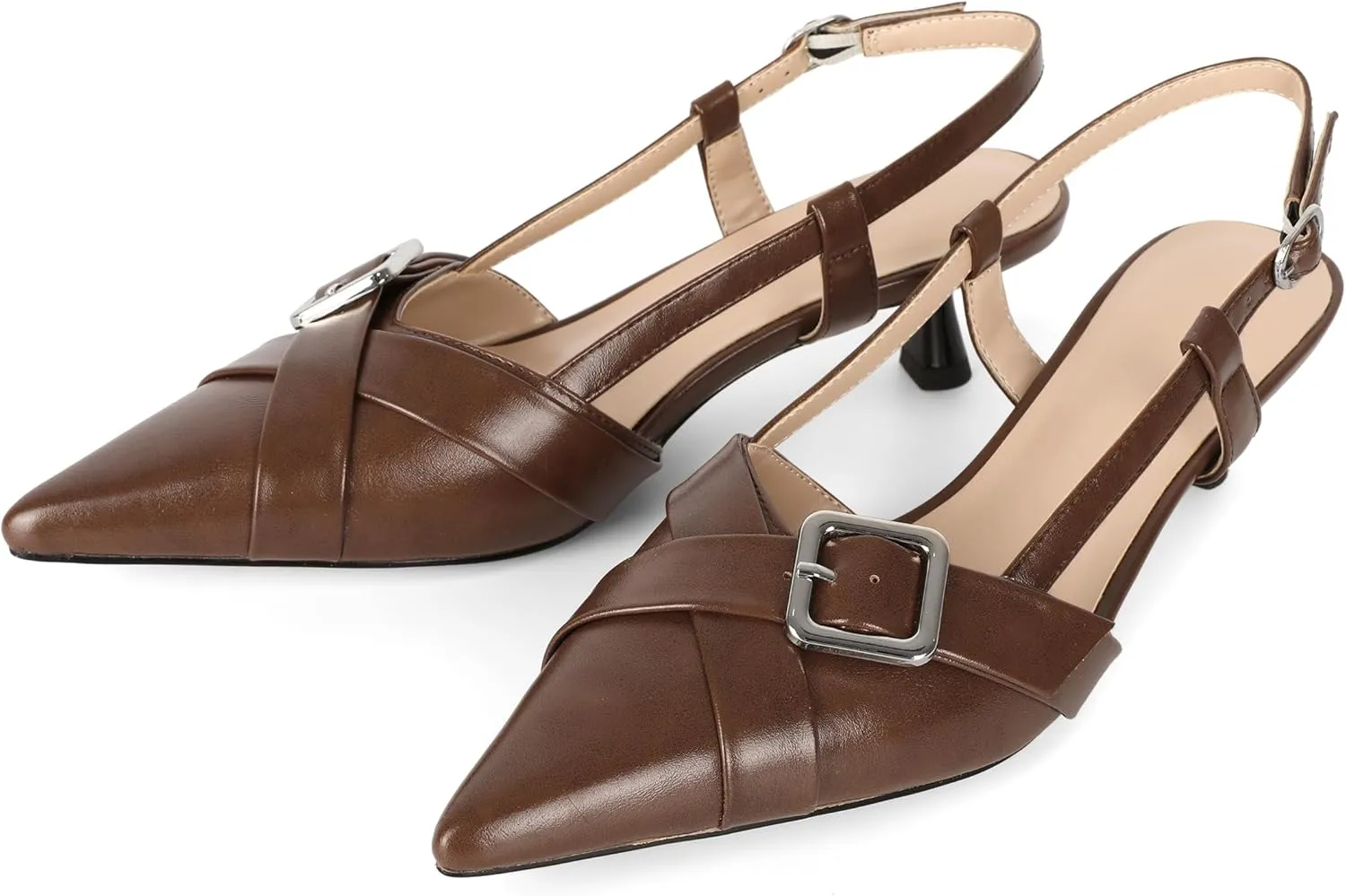 Esvowido Women Slingback Kitten Heels Pointed Toe Low Heel Pumps Adjustable Buckle Straps for Work Party Casual Outfit