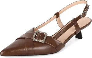Esvowido Women Slingback Kitten Heels Pointed Toe Low Heel Pumps Adjustable Buckle Straps for Work Party Casual Outfit