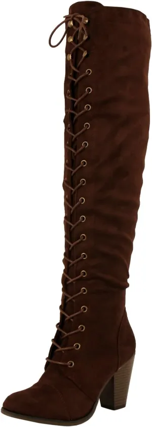 Forever Camila-47 Womens Chunky Heel Lace Up Over The Knee High Riding Boots,Brown Suede,8.5