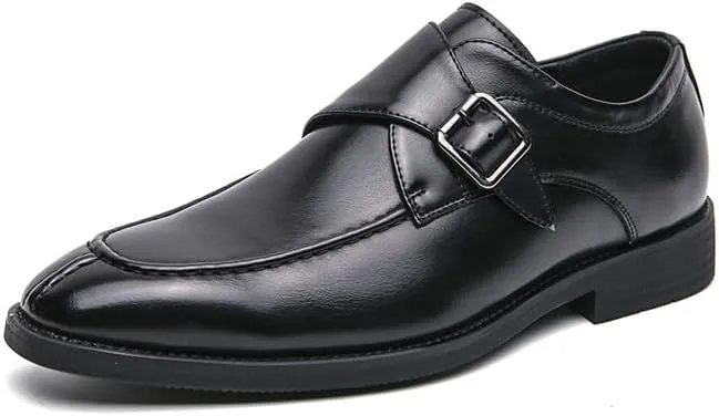 Formal Oxford Shoes for Men Slip On Square Burnished Toe Monk Strap Split Toe Vegan Leather Anti-Slip Block Heel Non Slip Walking