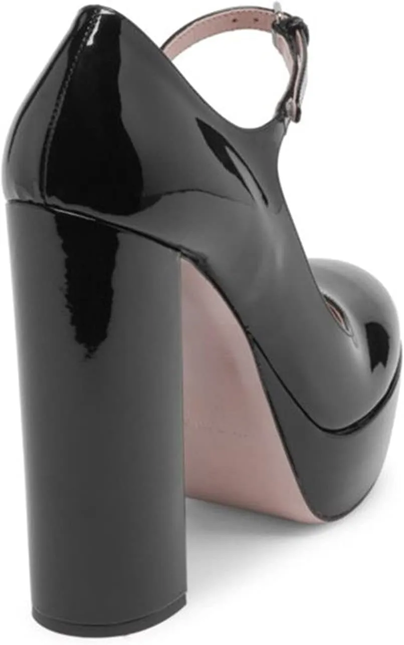 FOWT Women Black Round Toe High Chunky Heel Platform Pumps Adjustable Thin Mary-Jane Strap with Sliver Buckle Heels Trendy Solid Colour Patent Leather Shoes for Ladies Party School Office 4-16 US Size