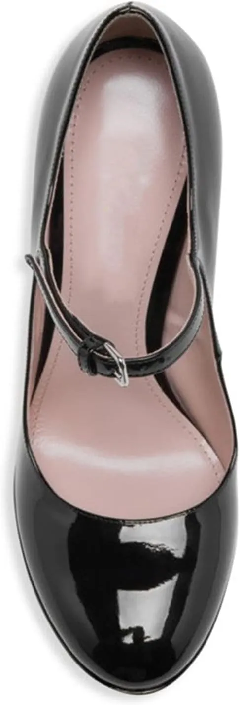 FOWT Women Black Round Toe High Chunky Heel Platform Pumps Adjustable Thin Mary-Jane Strap with Sliver Buckle Heels Trendy Solid Colour Patent Leather Shoes for Ladies Party School Office 4-16 US Size