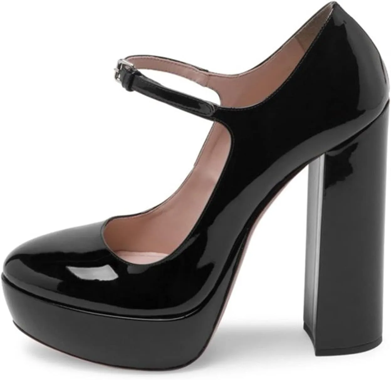 FOWT Women Black Round Toe High Chunky Heel Platform Pumps Adjustable Thin Mary-Jane Strap with Sliver Buckle Heels Trendy Solid Colour Patent Leather Shoes for Ladies Party School Office 4-16 US Size
