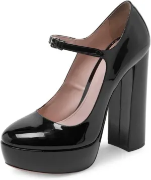 FOWT Women Black Round Toe High Chunky Heel Platform Pumps Adjustable Thin Mary-Jane Strap with Sliver Buckle Heels Trendy Solid Colour Patent Leather Shoes for Ladies Party School Office 4-16 US Size