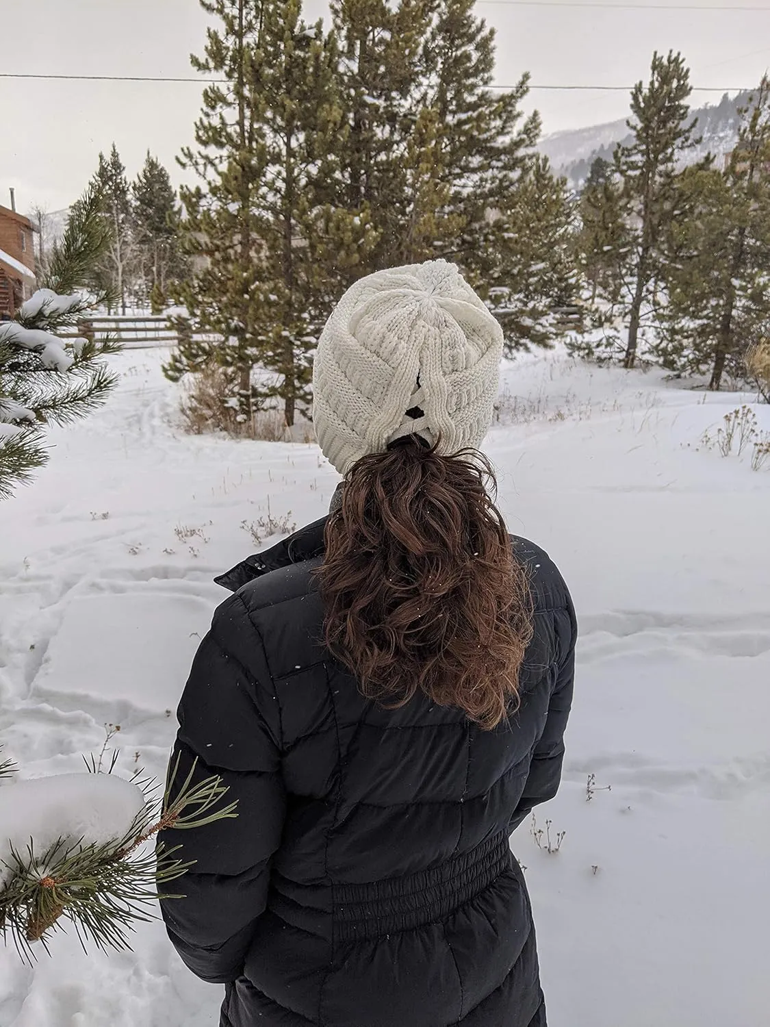 Funky Junque Beanie for Women Winter Hats Ponytail Hole Criss Cross Hat Messy Bun High Ponytail Knit Cap Runners Gifts