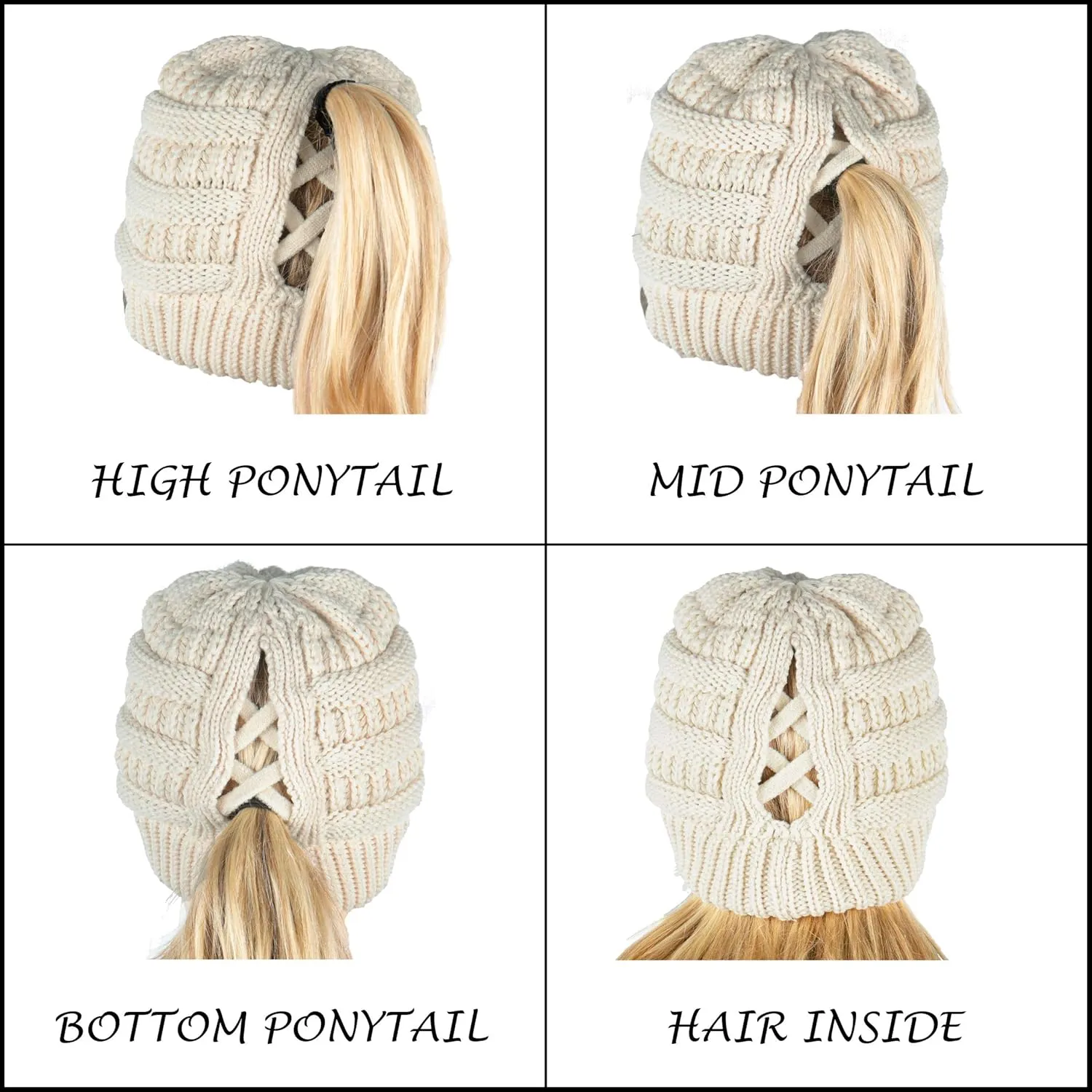 Funky Junque Beanie for Women Winter Hats Ponytail Hole Criss Cross Hat Messy Bun High Ponytail Knit Cap Runners Gifts