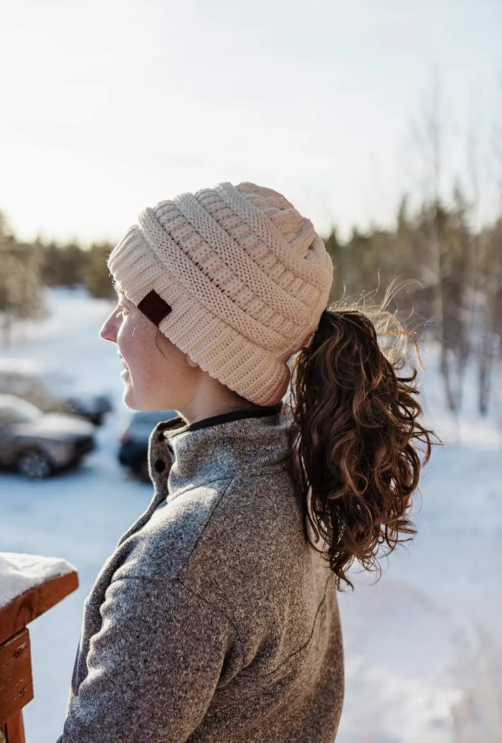Funky Junque Beanie for Women Winter Hats Ponytail Hole Criss Cross Hat Messy Bun High Ponytail Knit Cap Runners Gifts