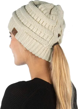 Funky Junque Beanie for Women Winter Hats Ponytail Hole Criss Cross Hat Messy Bun High Ponytail Knit Cap Runners Gifts