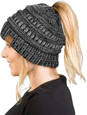 Funky Junque Women's Ponytail Beanie Hat - Soft Ribbed Messy Bun Knit Cap - Solid, Confetti & Multi-Tone