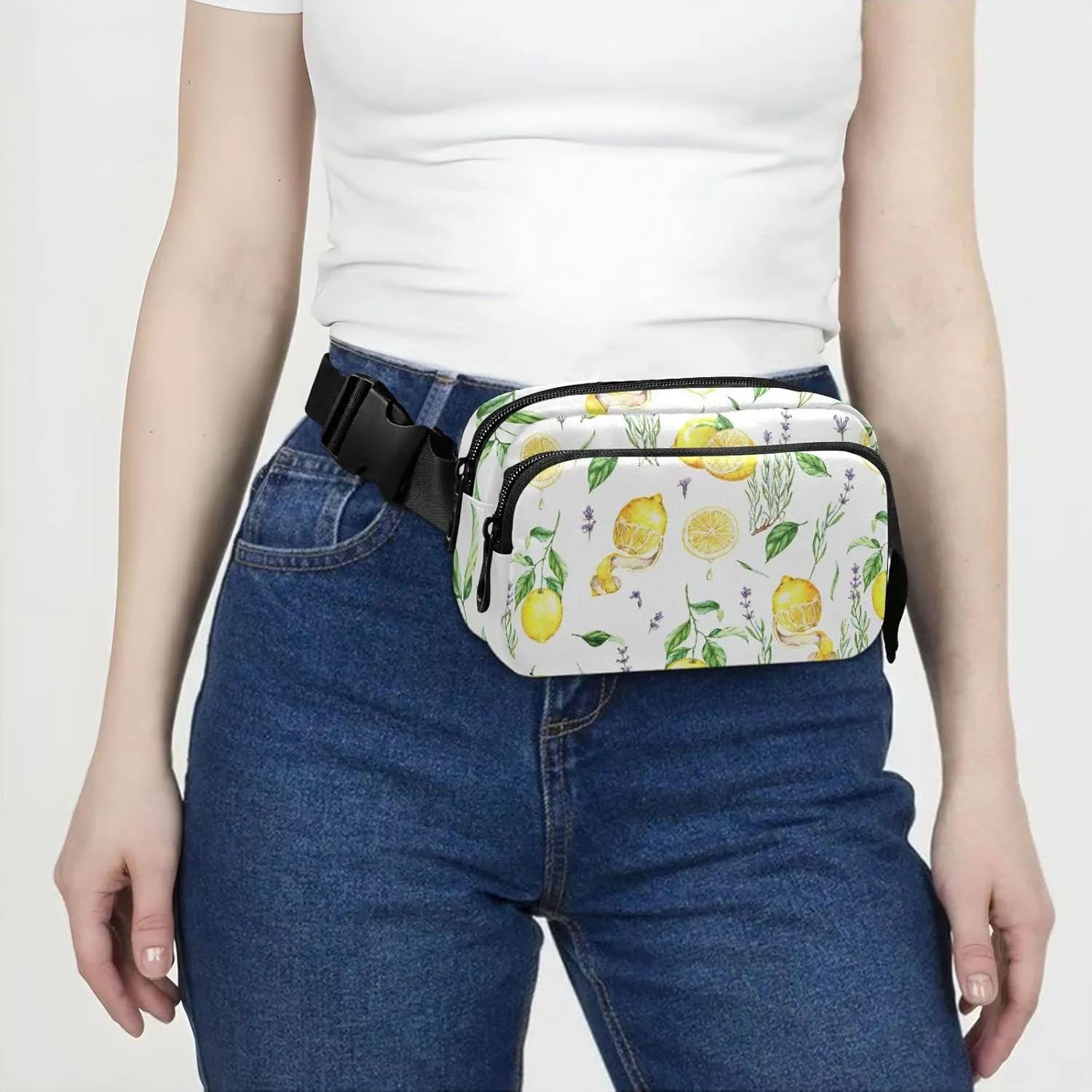 Hand Drawn Seamless Yellow Lemons Lavender Flowers Leaves on White Adjustable Belt Running Bag, Crossbody Fanny Pack Waist Runners Bag Tote for Women Men Sports Hiking Fitness Exercise Gym Pouch