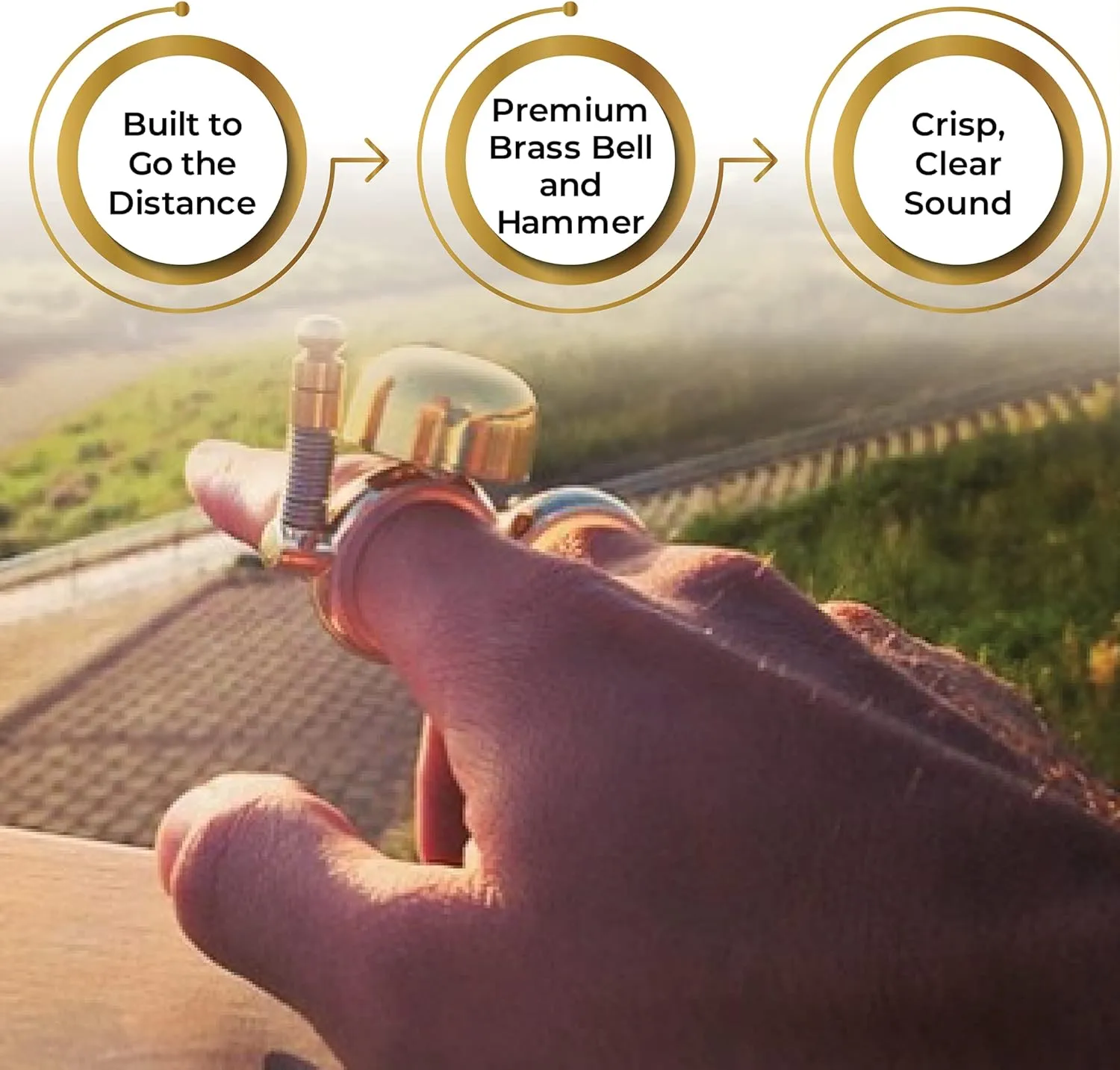 Handheld Running Bell, Wearable Runners Bell for Joggers and Marathoners Alerts Pedestrians to Move Over, Loud Resonant Brass Bell and Hammer on Aluminum Body with Silicone Finger Sizers