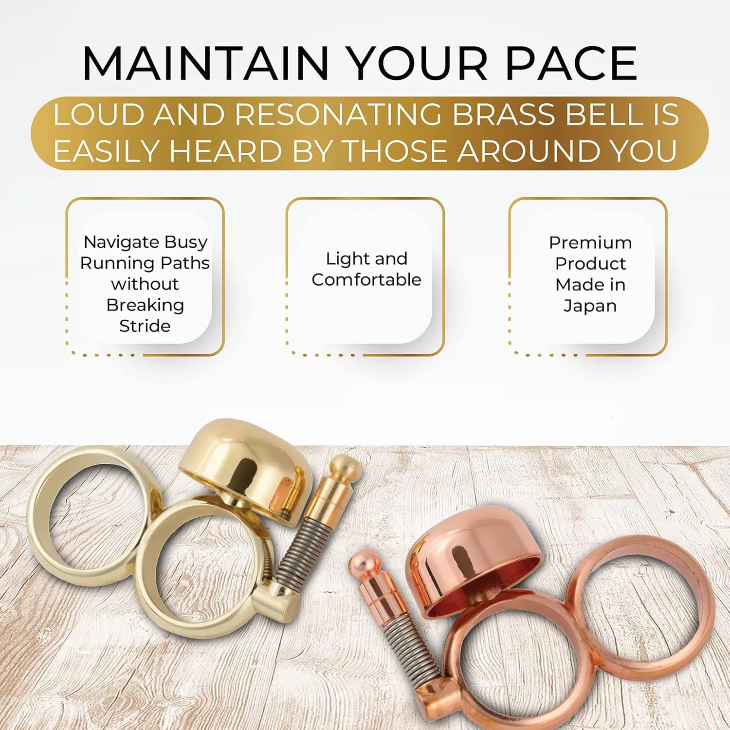 Handheld Running Bell, Wearable Runners Bell for Joggers and Marathoners Alerts Pedestrians to Move Over, Loud Resonant Brass Bell and Hammer on Aluminum Body with Silicone Finger Sizers