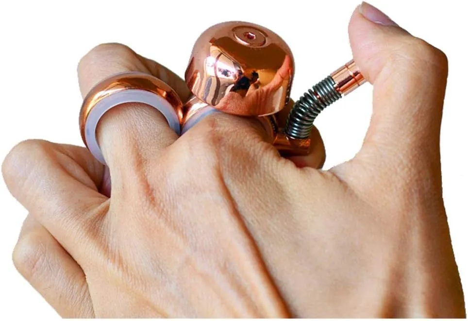 Handheld Running Bell, Wearable Runners Bell for Joggers and Marathoners Alerts Pedestrians to Move Over, Loud Resonant Brass Bell and Hammer on Aluminum Body with Silicone Finger Sizers