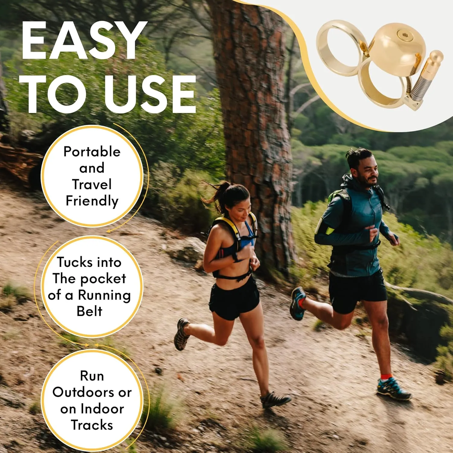 Handheld Running Bell, Wearable Runners Bell for Joggers and Marathoners Alerts Pedestrians to Move Over, Loud Resonant Brass Bell and Hammer on Aluminum Body with Silicone Finger Sizers