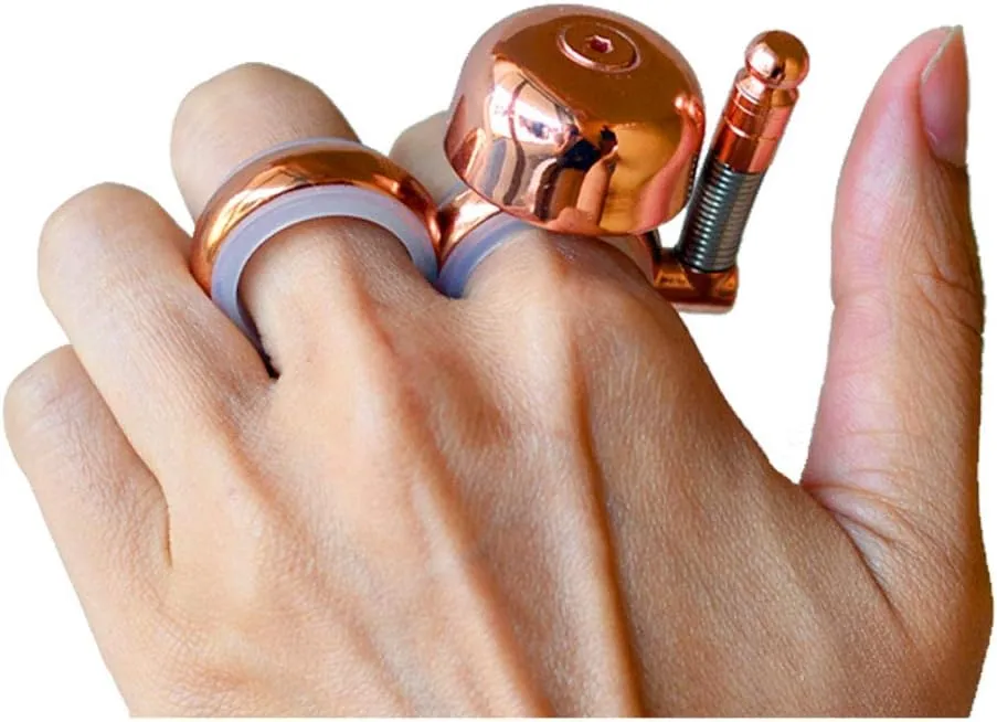 Handheld Running Bell, Wearable Runners Bell for Joggers and Marathoners Alerts Pedestrians to Move Over, Loud Resonant Brass Bell and Hammer on Aluminum Body with Silicone Finger Sizers