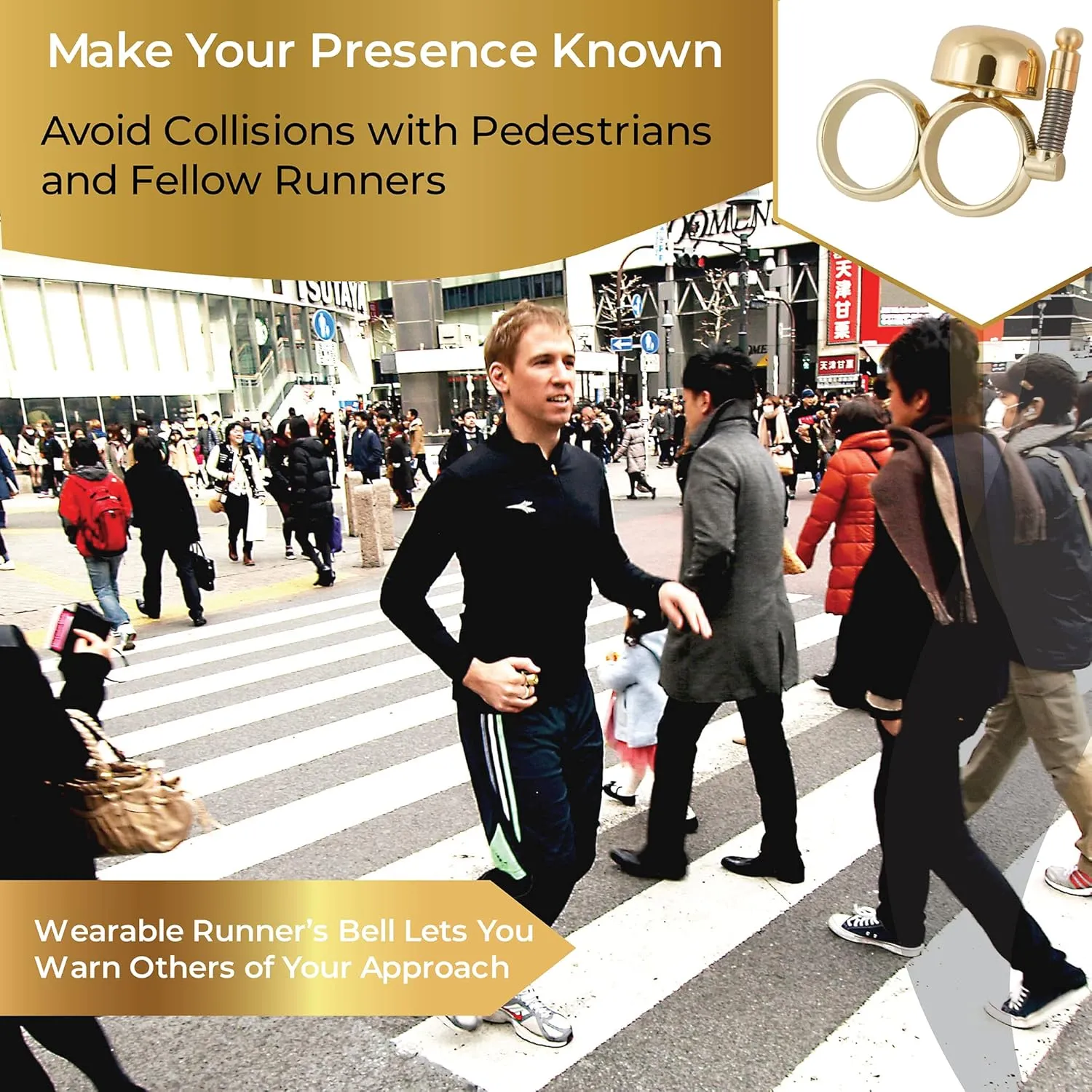 Handheld Running Bell, Wearable Runners Bell for Joggers and Marathoners Alerts Pedestrians to Move Over, Loud Resonant Brass Bell and Hammer on Aluminum Body with Silicone Finger Sizers