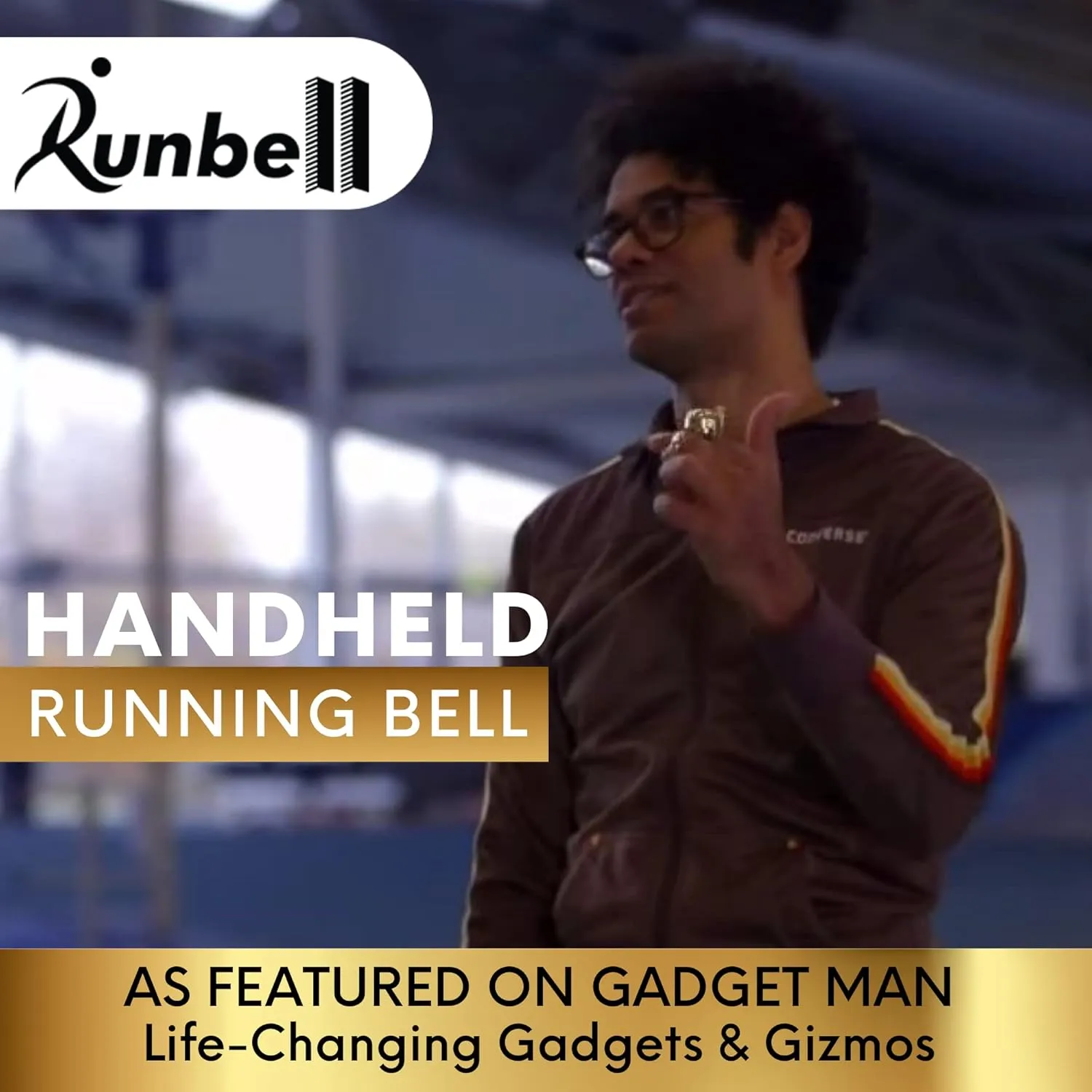 Handheld Running Bell, Wearable Runners Bell for Joggers and Marathoners Alerts Pedestrians to Move Over, Loud Resonant Brass Bell and Hammer on Aluminum Body with Silicone Finger Sizers