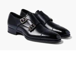 Handmade leather double monk shoes black original leather dress men straps shoes