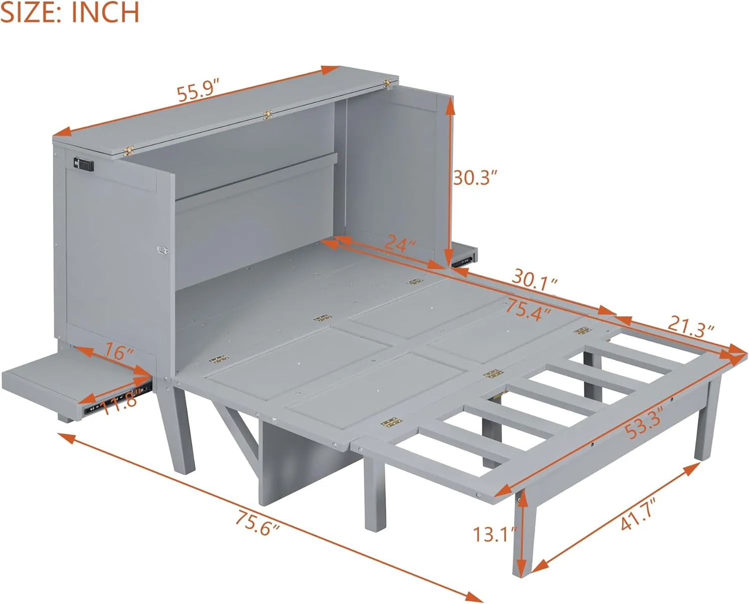 Harper & Bright Designs Full Size Murphy Bed, Full Murphy Cabinet Bed with USB Port and Removable Shelves on Each Side, Gray