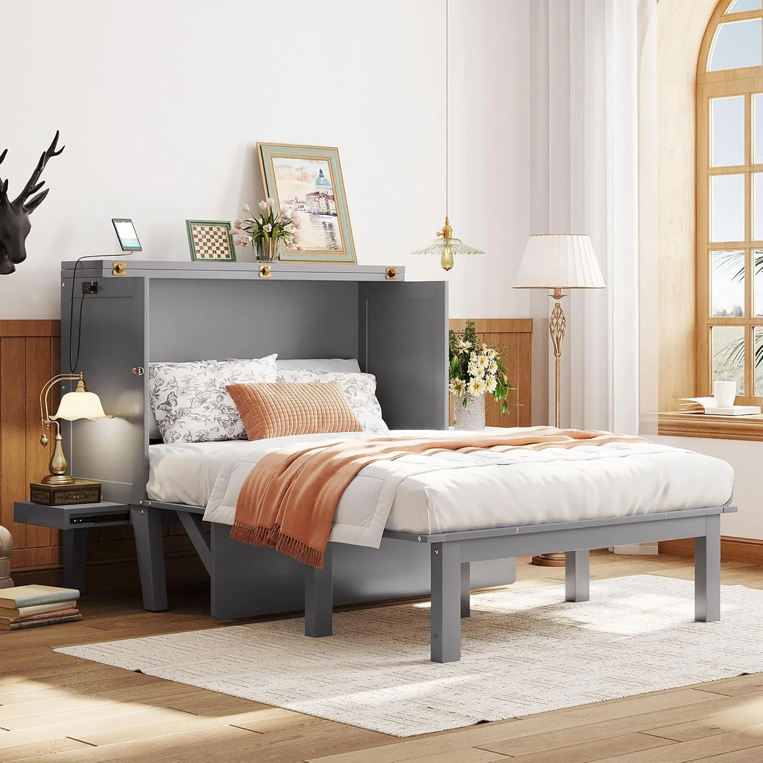 Harper & Bright Designs Full Size Murphy Bed, Full Murphy Cabinet Bed with USB Port and Removable Shelves on Each Side, Gray