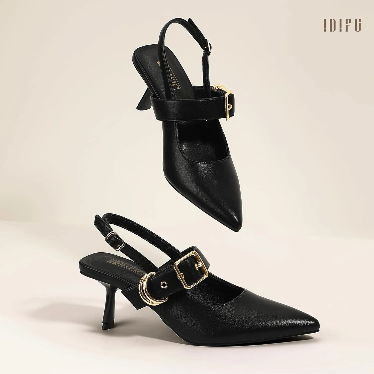 IDIFU IN3 Kitten Heels Slingback Closed Pointed Toe Low Pumps Dress Shoes for Women Bride Ladies Guest Comfortable Dressy Formal Cute Wedding Office Work Business Buckle Heels Pumps